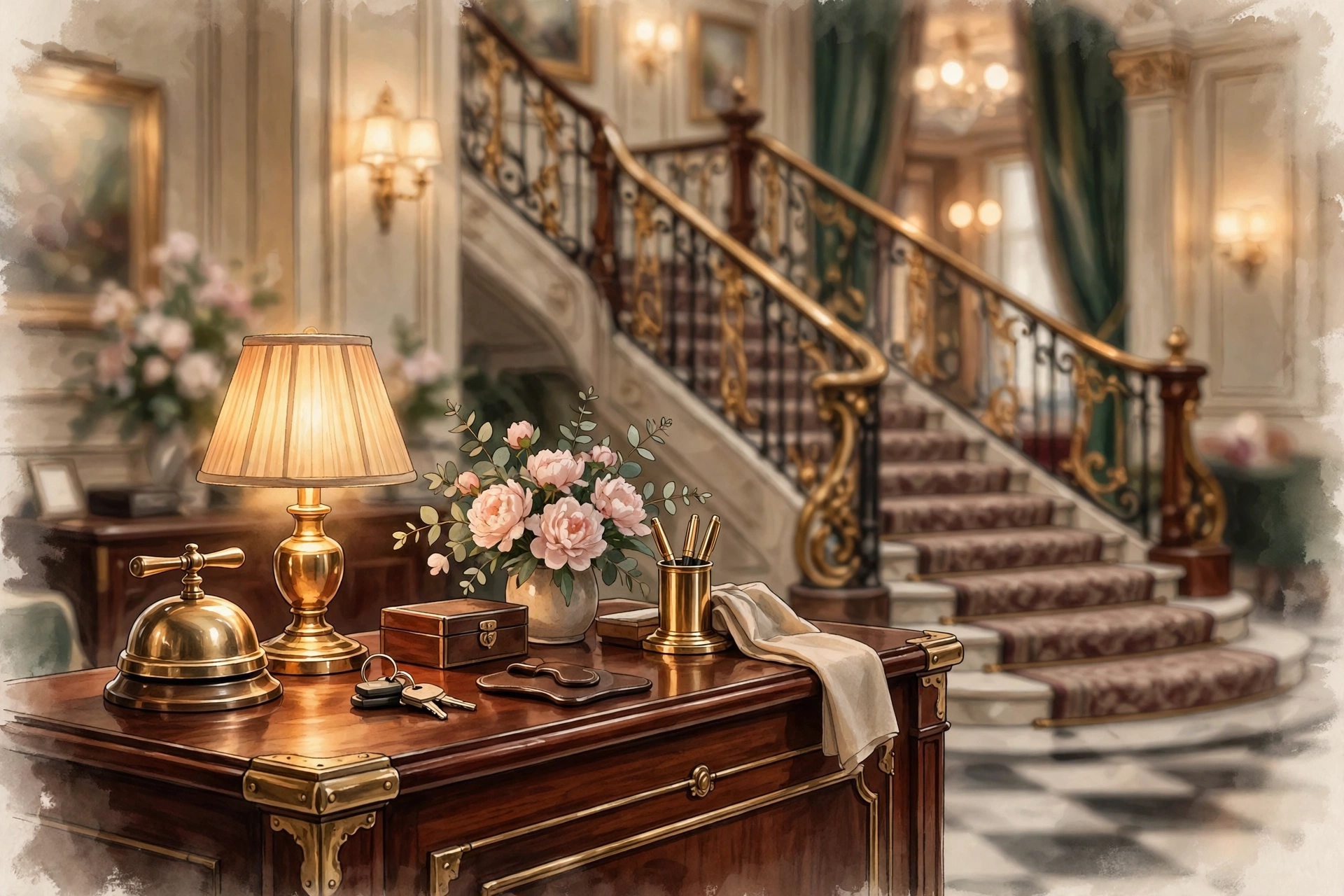 Illustration of a luxury hotel reception desk (illustrative artwork)