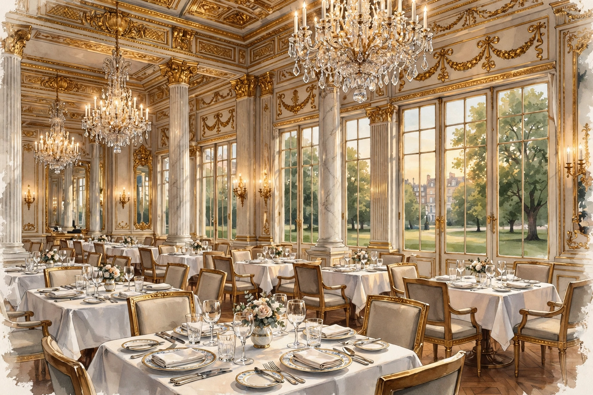 Illustration of a grand luxury hotel dining room with chandeliers and marble columns (illustrative artwork, not the actual Ritz)