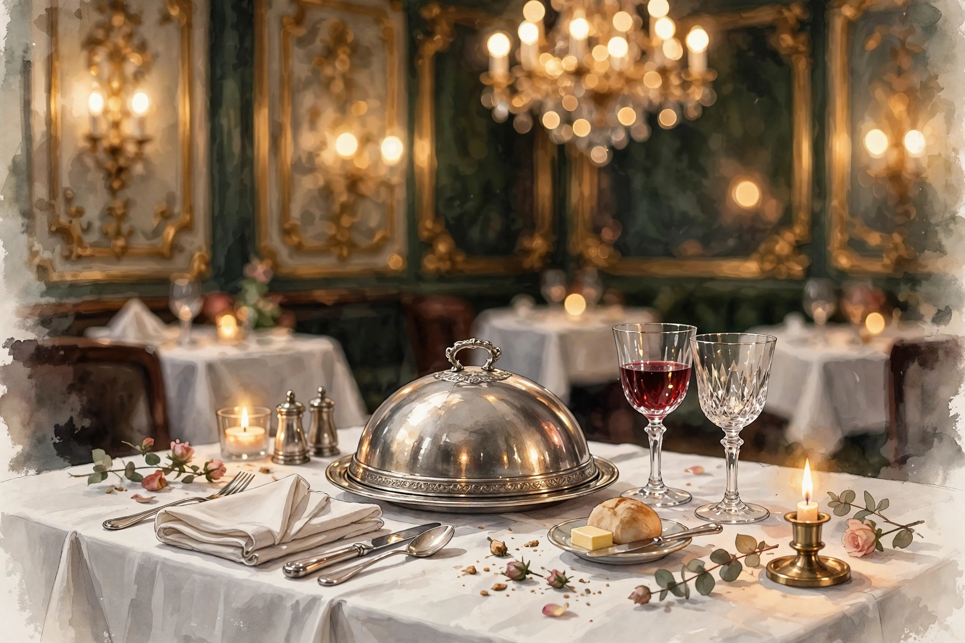 Illustration of an elegant fine-dining table with silver cloche and crystal glasses (illustrative artwork)